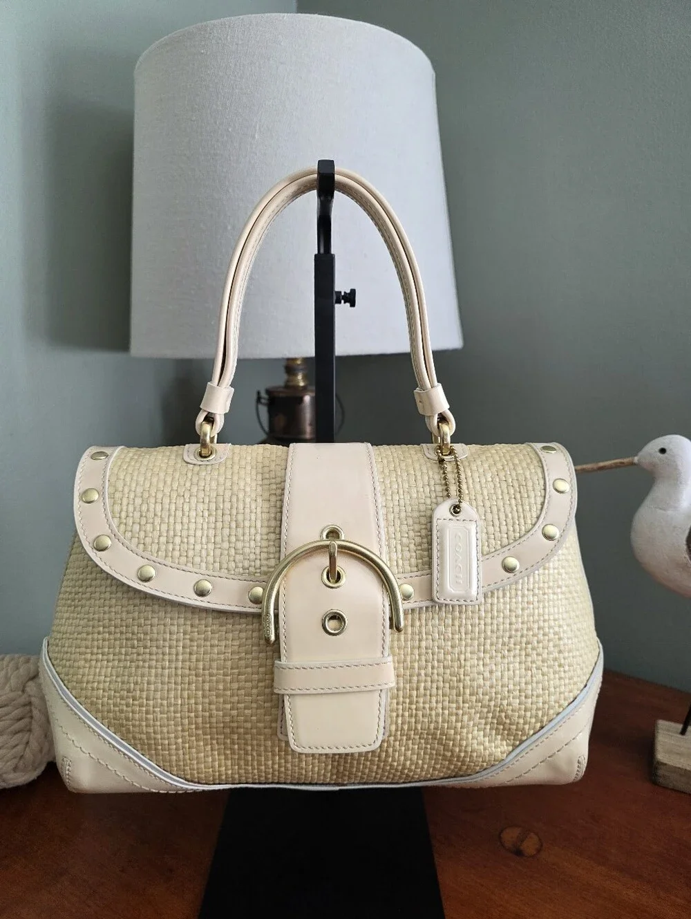 Coach F11687 Soho Woven Straw Patent Leather Satchel Ivory Summer Y2K Bag